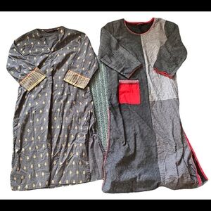 Rangmanch Kurta Tunic Top Dress Large Gray Blue Pineapple Split Hem Indian Boho